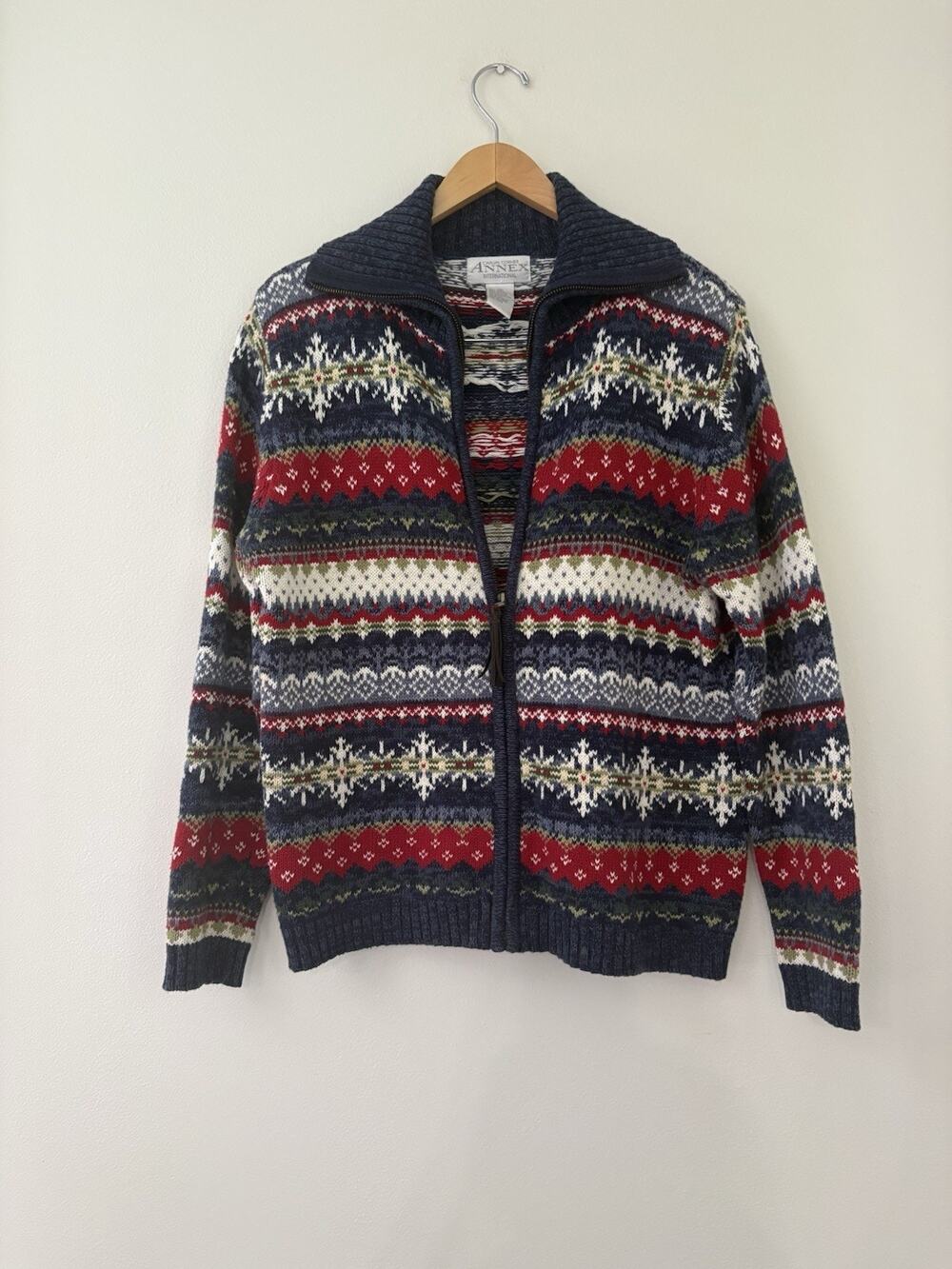 Casual Corner Annex Vintage M Fair Isle Knit Zip Up Cardigan Sweater Blue Winter